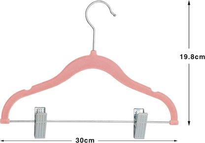 Non-Slip Clothes Hangers for Baby and Kids 20-Pack Velvet Hangers with Movable Clips, Heavy-Duty and Space-Saving for Pants,Skirts, Coat, Pink