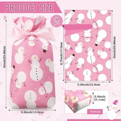 Pieces Pink Christmas Treat Bags Bulk - Snowman Snowflakes Santa Claus Plastic Xmas Bags for Winter Holiday Christmas Party Favors Goodie Candy Packing Supplies(48 Pcs)