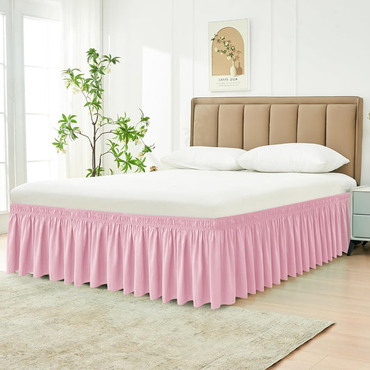Wrap Around Bed Skirt King Size 15 Inch Drop-Elastic Dust Ruffle Pink