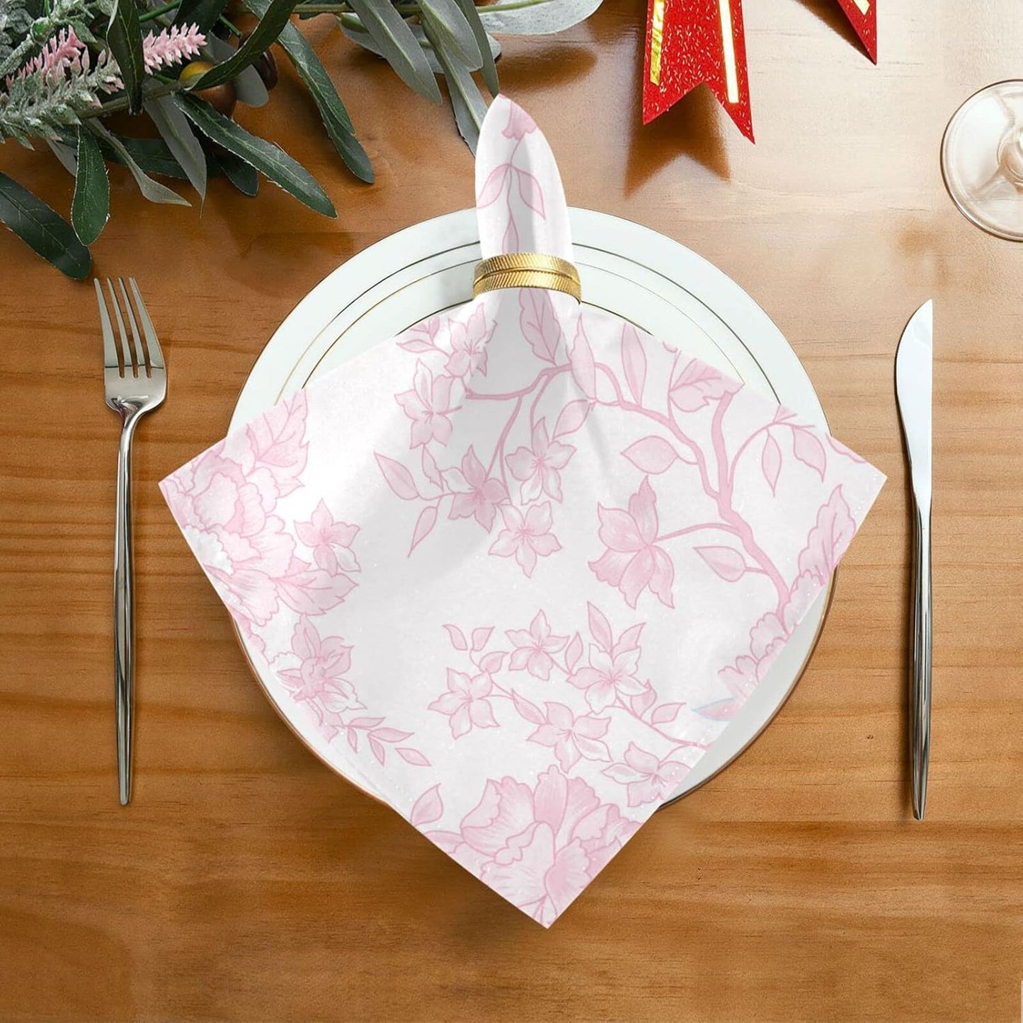Pink Floral Cloth Napkins Set of 6 Pack 20 Inches, Washable Kitchen Table Dinner Napkins for Wedding| Hotel| Home Party