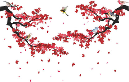 Romantic Red Flowers Wall Decals 3D Plum Floral Tree Branches Wall Stickers DIY Removable Peach Cherry Blossom Birds Wall Decor for Kids Girls Bedroom Living Room Nursery Office Decoration DT-4978