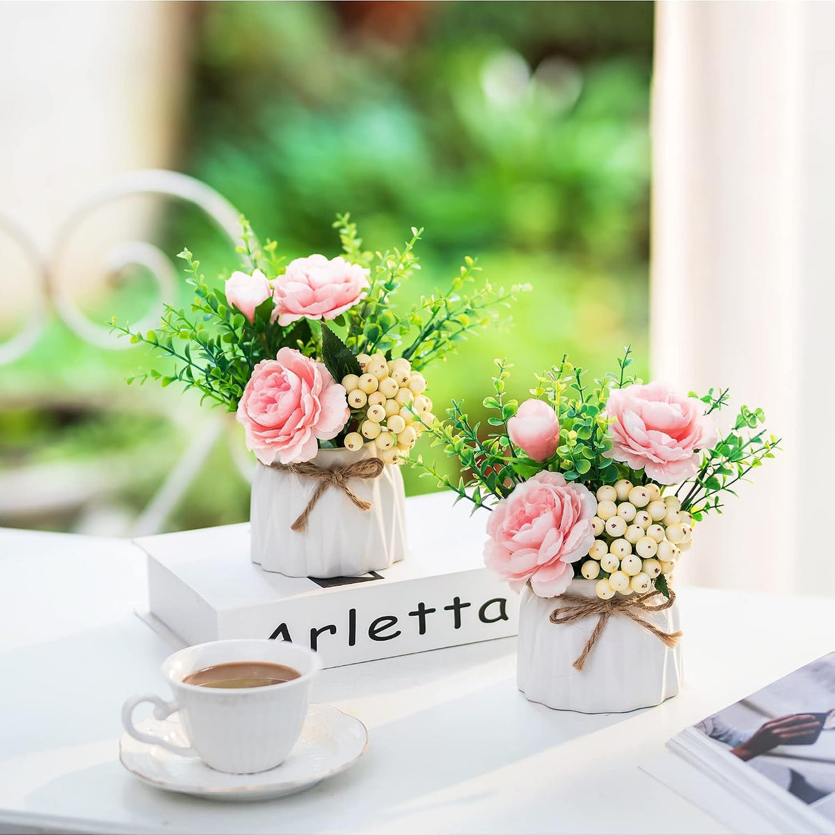 Faux Flowers in Vase for Table Decor, 2 Pcs, Small, Pink Roses