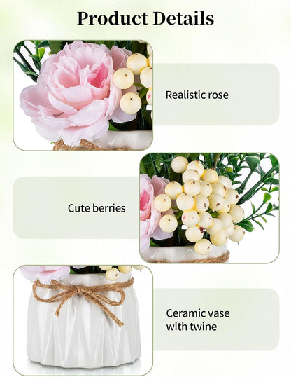 Faux Flowers in Vase for Table Decor, 2 Pcs, Small, Pink Roses
