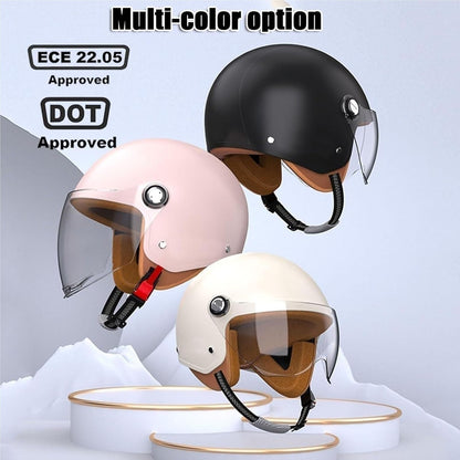 Retro 3/4 Motorcycle Half Helmets,DOT Approved Vintage Scooter Dirt-Bike Go-Kart Moped Electric Bicycle Light Quick Buckle Open Face ATV Helmet for Adult Men Women