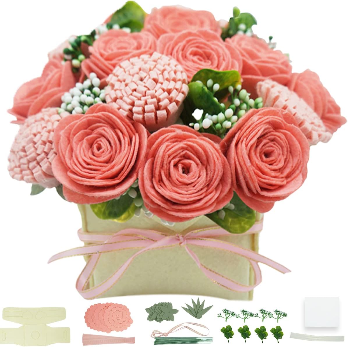DIY Felt Flower Art Craft Kit,DIY Pink Rose and Carnation Bouquet Kit, Floral Gifts,Beginner Craft Kit, Floral Gifts,Arrange Pre-Cut Felt Flowers and Foliage
