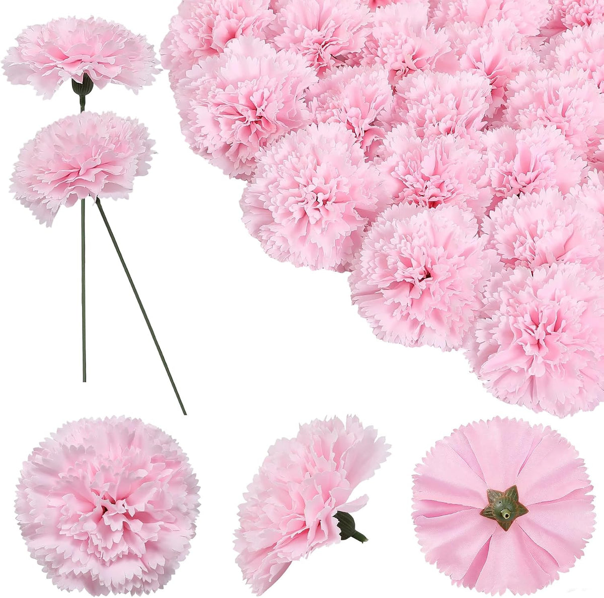 24pcs Artificial Silk Carnation Flower Heads with Stem,Pink