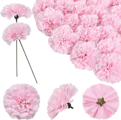 24pcs Artificial Silk Carnation Flower Heads with Stem,Pink