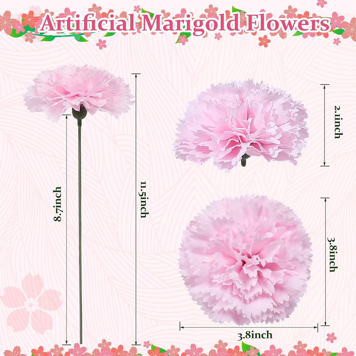 24pcs Artificial Silk Carnation Flower Heads with Stem,Pink