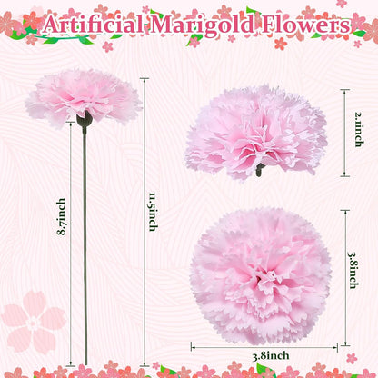 24pcs Artificial Silk Carnation Flower Heads with Stem,Pink
