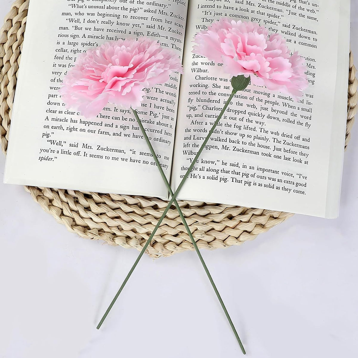24pcs Artificial Silk Carnation Flower Heads with Stem,Pink