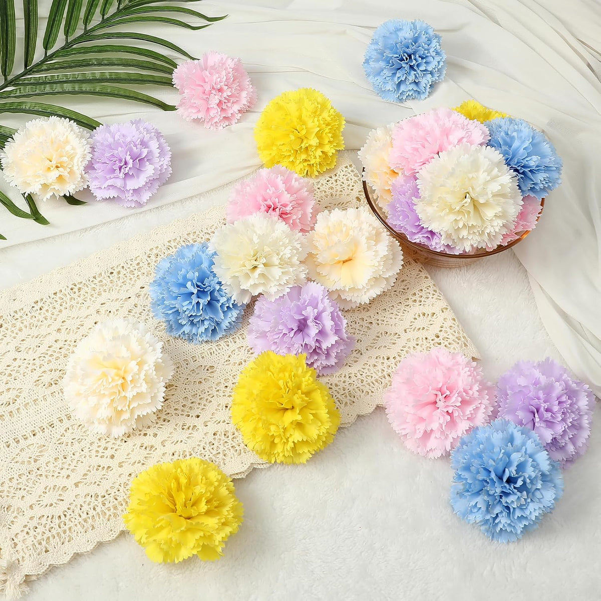 24pcs Artificial Silk Carnation Flower Heads with Stem,Pink