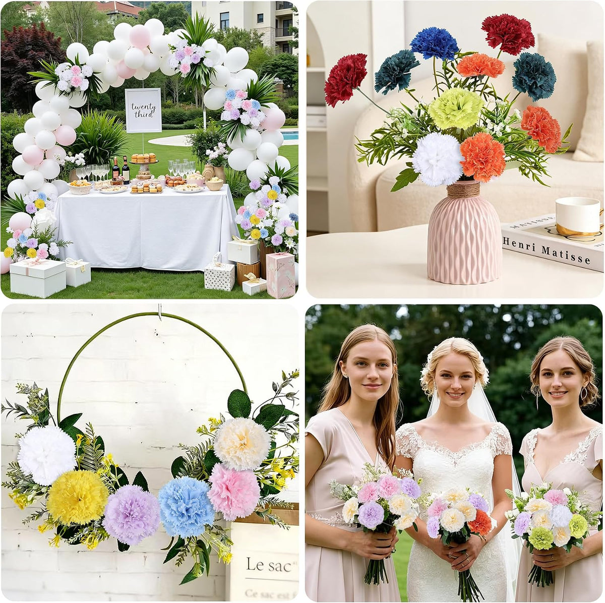 24pcs Artificial Silk Carnation Flower Heads with Stem,Pink
