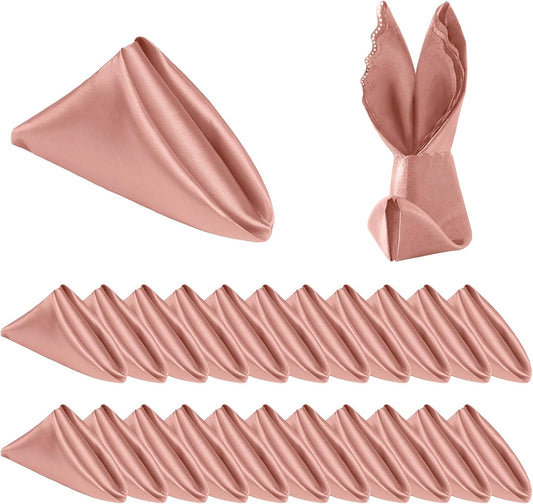 Homiest 24 Pack Rose Gold Satin Dinner Napkins - ScallopedSquare, Elegant Wedding or Restaurant Napkins, 17x17 Inches