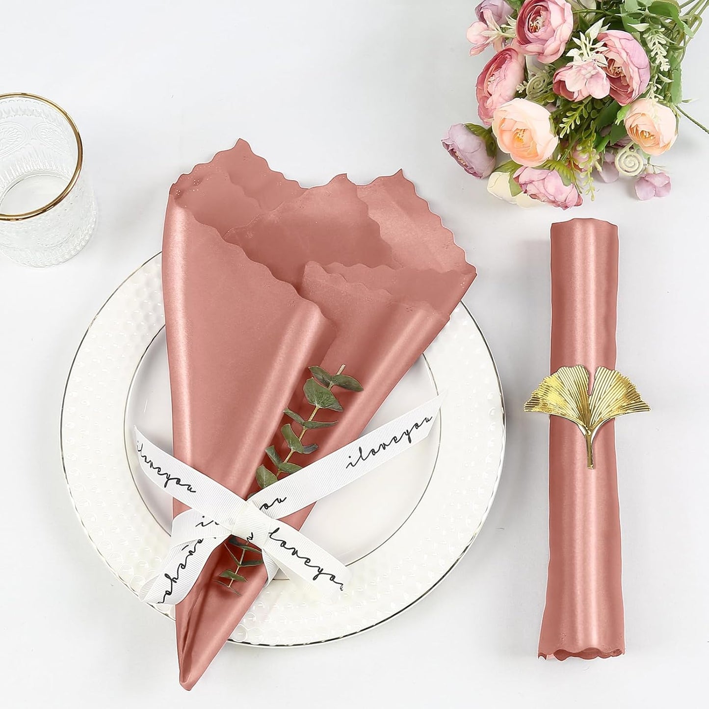 Homiest 24 Pack Rose Gold Satin Dinner Napkins - ScallopedSquare, Elegant Wedding or Restaurant Napkins, 17x17 Inches