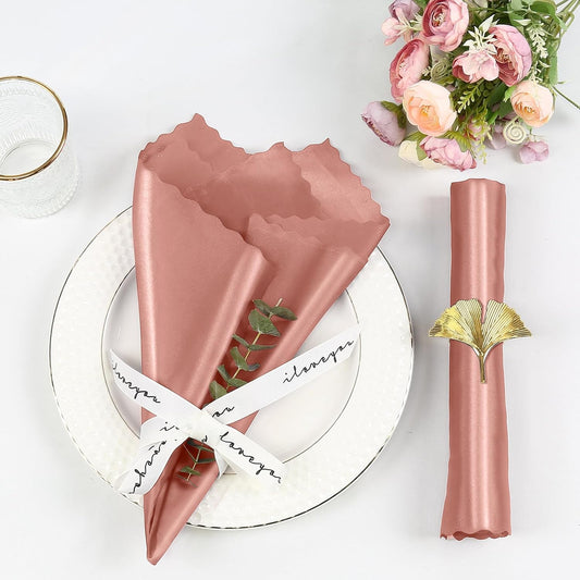 Homiest 24 Pack Rose Gold Satin Dinner Napkins - ScallopedSquare, Elegant Wedding or Restaurant Napkins, 17x17 Inches