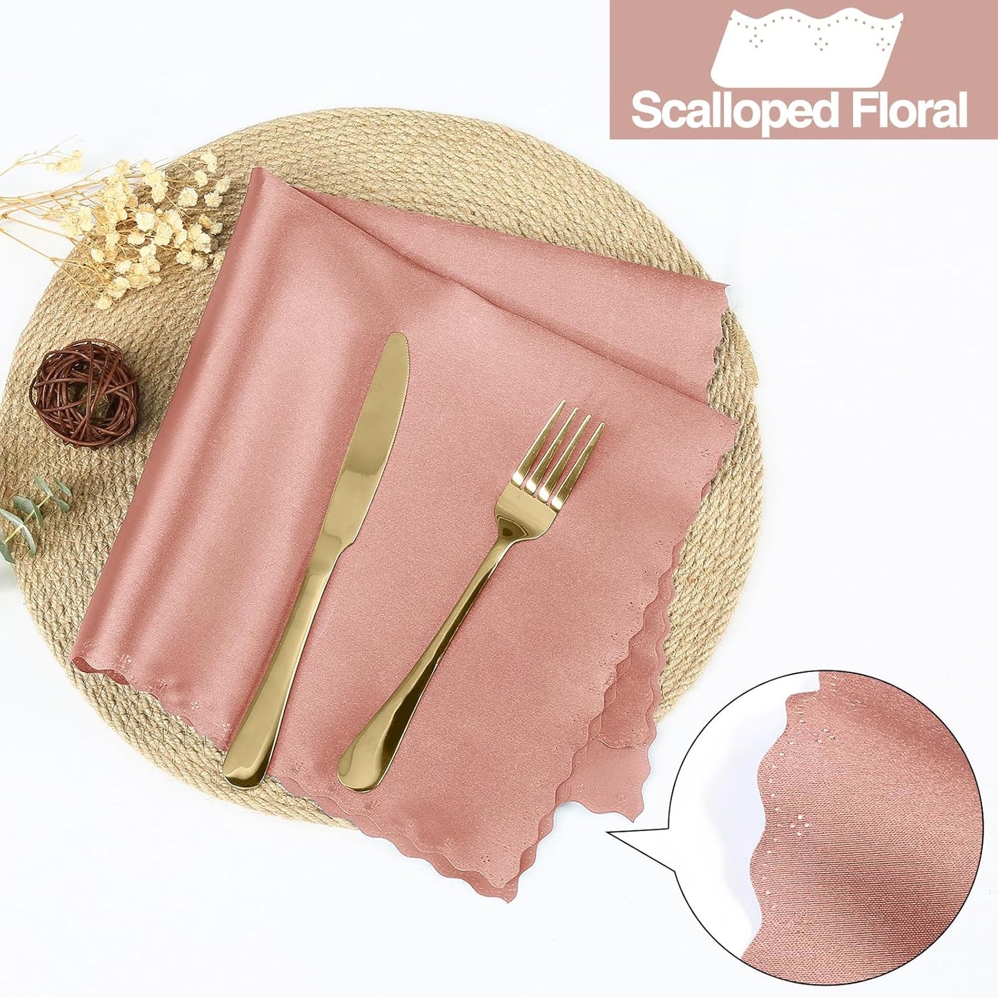 Homiest 24 Pack Rose Gold Satin Dinner Napkins - ScallopedSquare, Elegant Wedding or Restaurant Napkins, 17x17 Inches