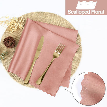 Homiest 24 Pack Rose Gold Satin Dinner Napkins - ScallopedSquare, Elegant Wedding or Restaurant Napkins, 17x17 Inches