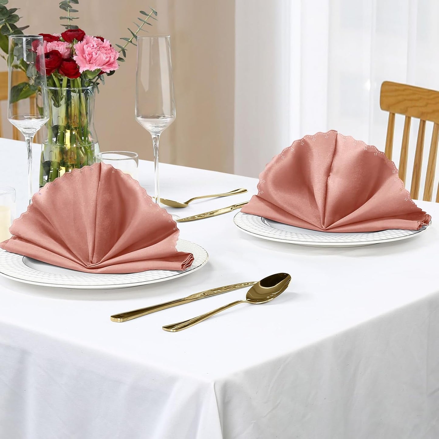 Homiest 24 Pack Rose Gold Satin Dinner Napkins - ScallopedSquare, Elegant Wedding or Restaurant Napkins, 17x17 Inches