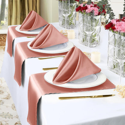 Homiest 24 Pack Rose Gold Satin Dinner Napkins - ScallopedSquare, Elegant Wedding or Restaurant Napkins, 17x17 Inches