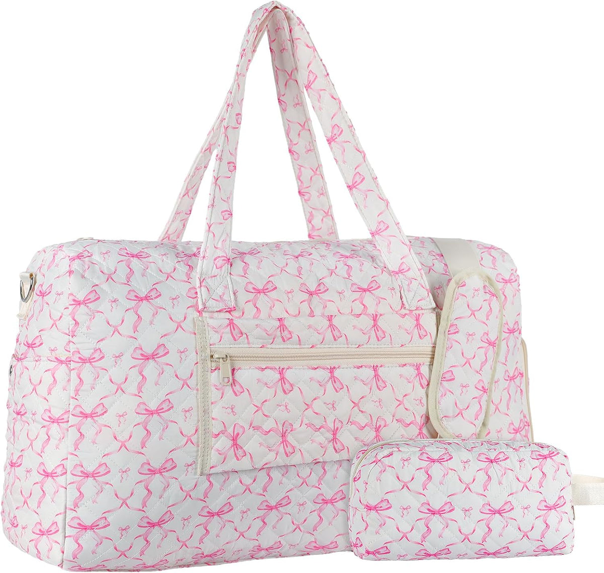 Quilted Pink Bow Duffel Bag,Weekender Bag With Shoe Compartment
