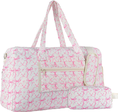 Quilted Pink Bow Duffel Bag,Weekender Bag With Shoe Compartment
