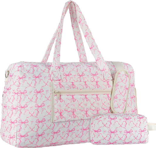 Quilted Pink Bow Duffel Bag,Weekender Bag With Shoe Compartment