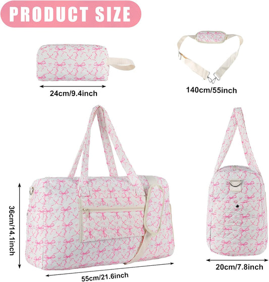 Quilted Pink Bow Duffel Bag,Weekender Bag With Shoe Compartment