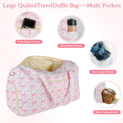 Quilted Pink Bow Duffel Bag,Weekender Bag With Shoe Compartment
