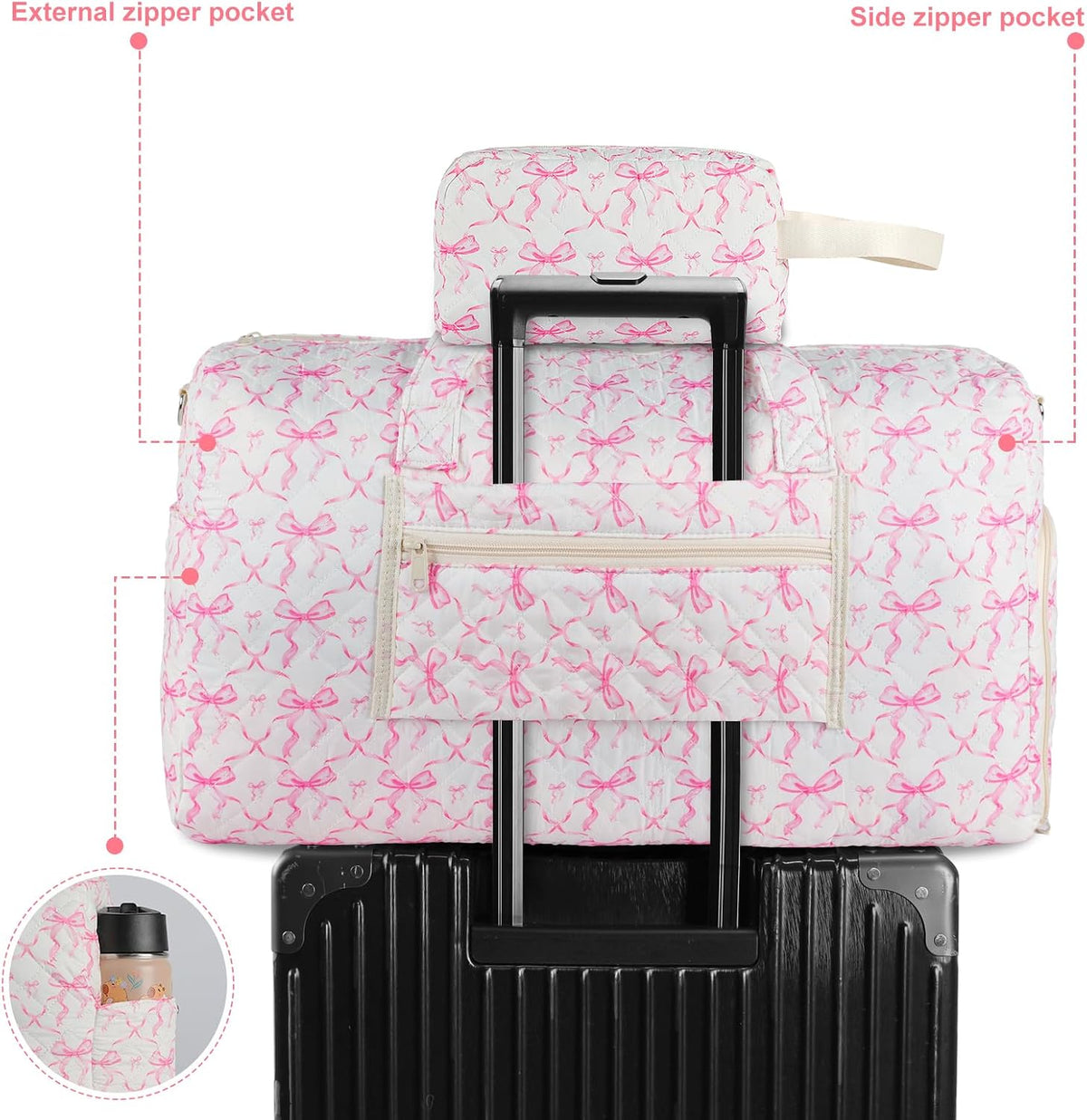 Quilted Pink Bow Duffel Bag,Weekender Bag With Shoe Compartment