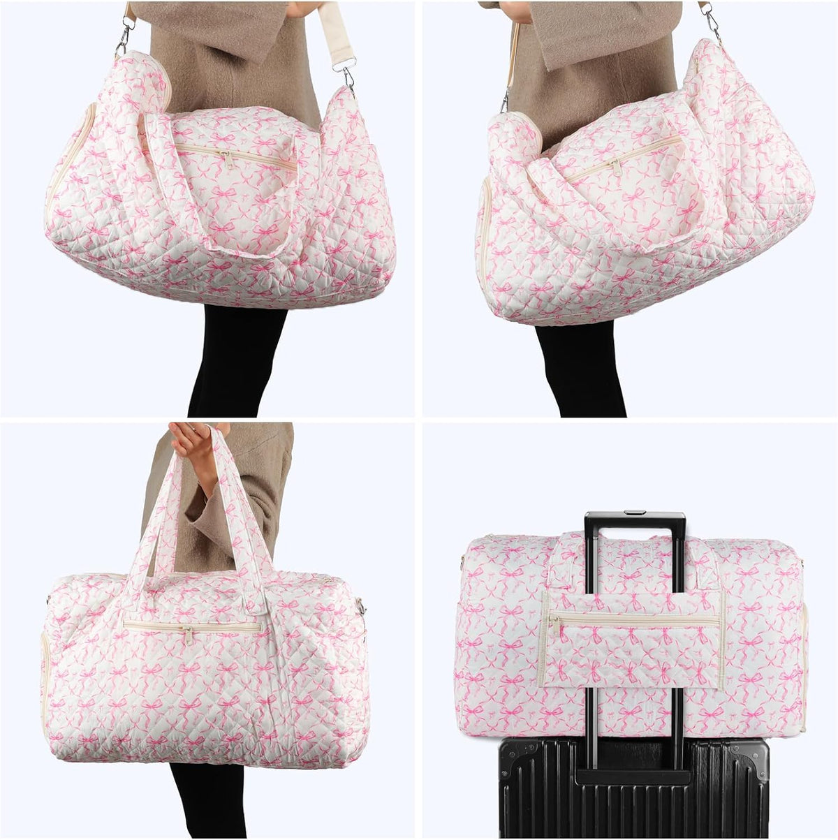 Quilted Pink Bow Duffel Bag,Weekender Bag With Shoe Compartment