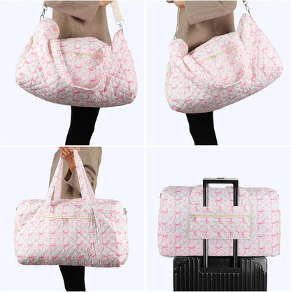Quilted Pink Bow Duffel Bag,Weekender Bag With Shoe Compartment