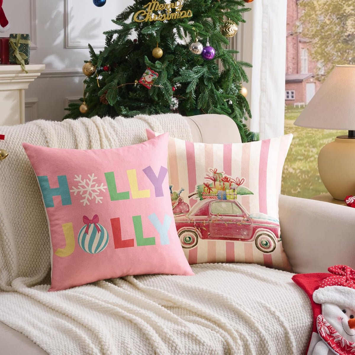 Pink Christmas Decorations Pillow Covers 18x18 Set of 4 Christmas Throw Pillow Covers, Holly Jolly FA La La Xmas Winter Holiday Linen Cushion Case for Home Sofa Couch Bed Chair Decor