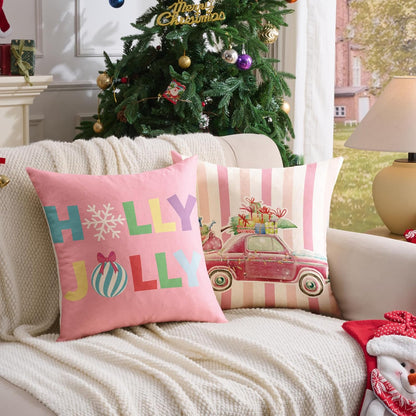 Pink Christmas Decorations Pillow Covers 18x18 Set of 4 Christmas Throw Pillow Covers, Holly Jolly FA La La Xmas Winter Holiday Linen Cushion Case for Home Sofa Couch Bed Chair Decor