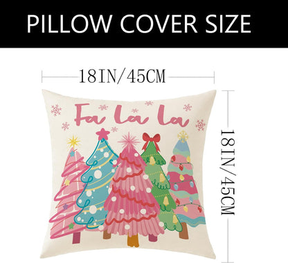 Pink Christmas Decorations Pillow Covers 18x18 Set of 4 Christmas Throw Pillow Covers, Holly Jolly FA La La Xmas Winter Holiday Linen Cushion Case for Home Sofa Couch Bed Chair Decor
