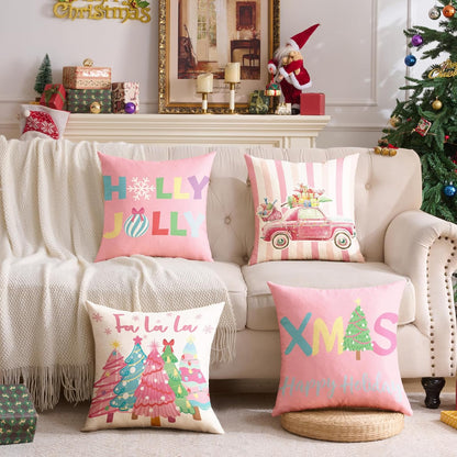 Pink Christmas Decorations Pillow Covers 18x18 Set of 4 Christmas Throw Pillow Covers, Holly Jolly FA La La Xmas Winter Holiday Linen Cushion Case for Home Sofa Couch Bed Chair Decor