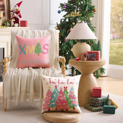 Pink Christmas Decorations Pillow Covers 18x18 Set of 4 Christmas Throw Pillow Covers, Holly Jolly FA La La Xmas Winter Holiday Linen Cushion Case for Home Sofa Couch Bed Chair Decor