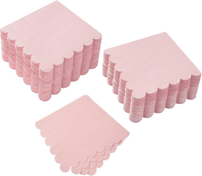 100 Pack Cocktail Napkin 2-Ply Scalloped Edged Pink Napkins 5 x 5IN | Disposable Napkins for Dinner Wedding Birthday Party, Bridal Anniversary Reception Event