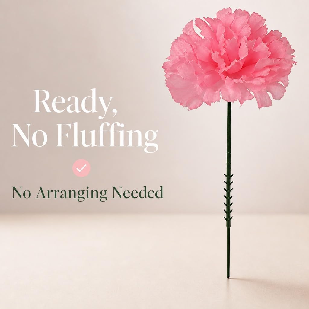100 Pack Artificial Carnations - Bulk Silk Flowers for Weddings, Mother's Day, Graduations, Easter & Memorial Day - 3.5" Heads, 5" Stems, Real Touch Petals, 18 Colors Available - Pink