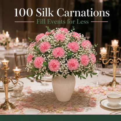 100 Pack Artificial Carnations - Bulk Silk Flowers for Weddings, Mother's Day, Graduations, Easter & Memorial Day - 3.5" Heads, 5" Stems, Real Touch Petals, 18 Colors Available - Pink