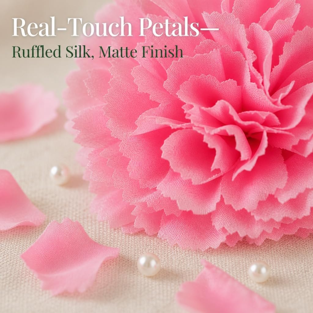 100 Pack Artificial Carnations - Bulk Silk Flowers for Weddings, Mother's Day, Graduations, Easter & Memorial Day - 3.5" Heads, 5" Stems, Real Touch Petals, 18 Colors Available - Pink