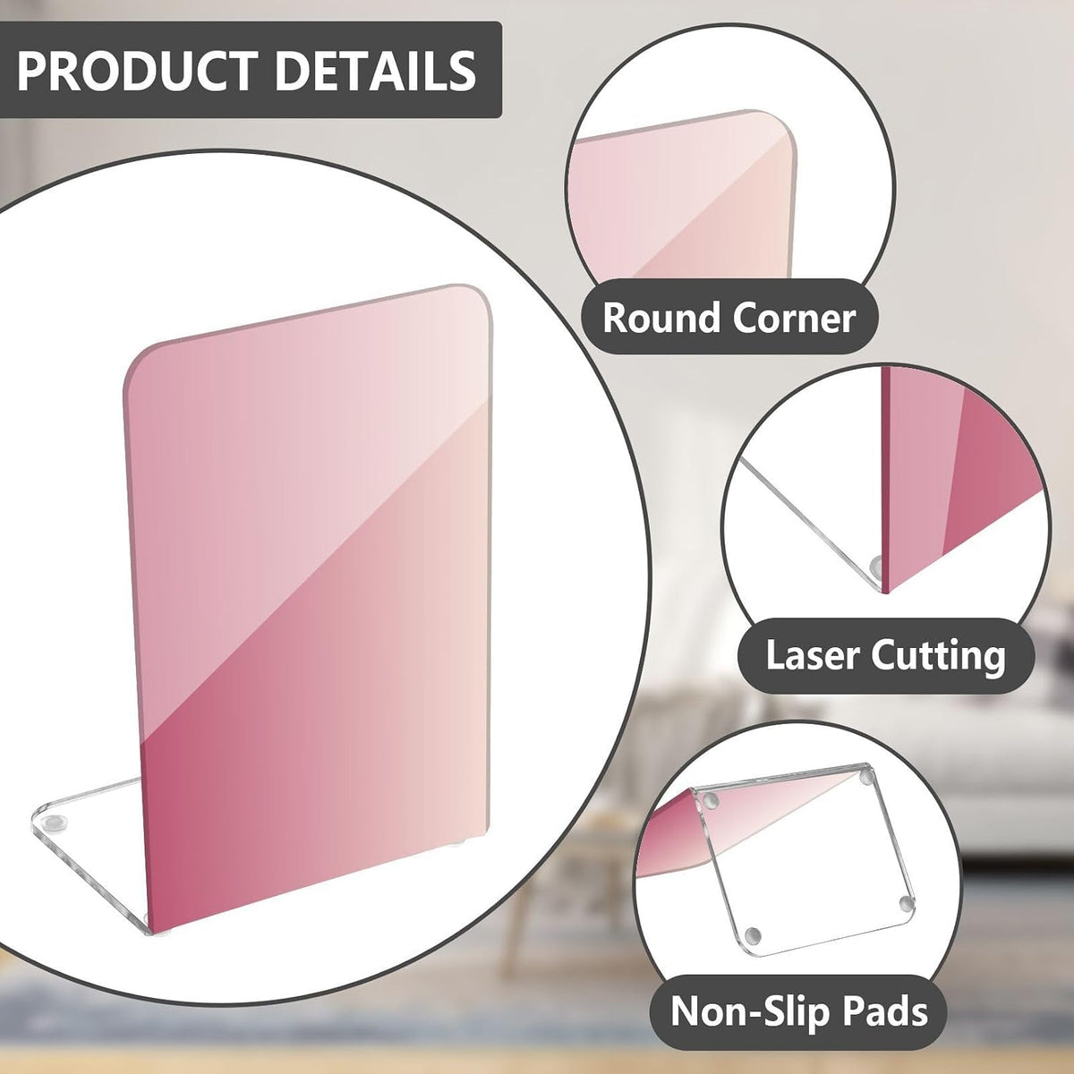 Light Pink Gradient Print Acrylic Bookends 2 Pcs Book Ends for Shelves Non-Slip Book Stopper Organizer for Office Library Home Decor, 5.4x4.1x8.1 in