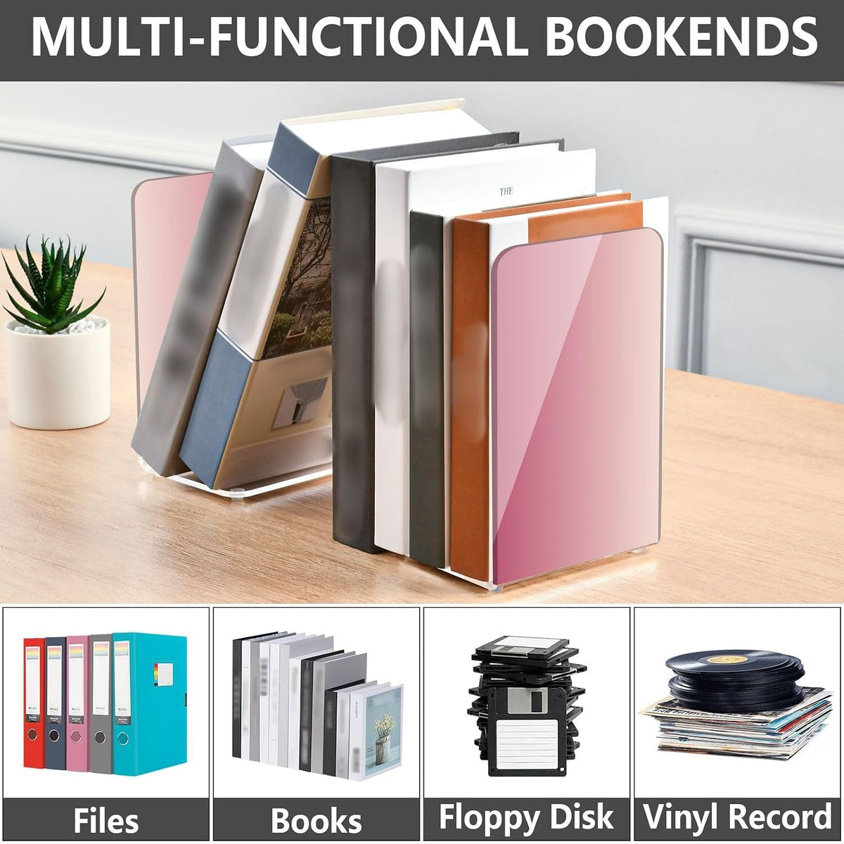 Light Pink Gradient Print Acrylic Bookends 2 Pcs Book Ends for Shelves Non-Slip Book Stopper Organizer for Office Library Home Decor, 5.4x4.1x8.1 in