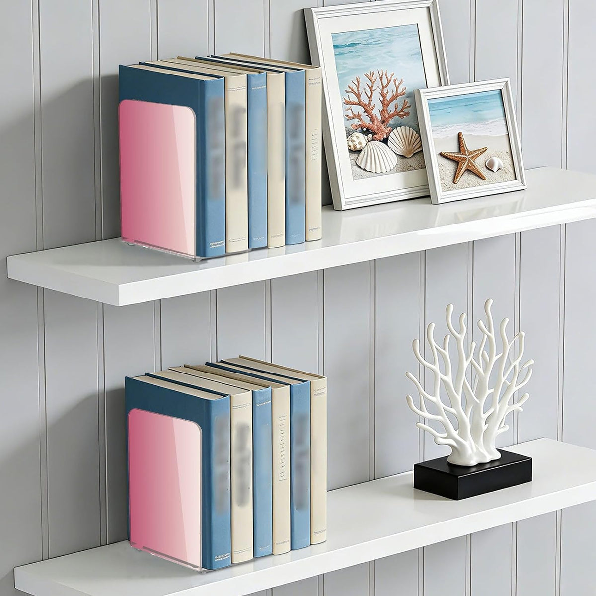 Light Pink Gradient Print Acrylic Bookends 2 Pcs Book Ends for Shelves Non-Slip Book Stopper Organizer for Office Library Home Decor, 5.4x4.1x8.1 in
