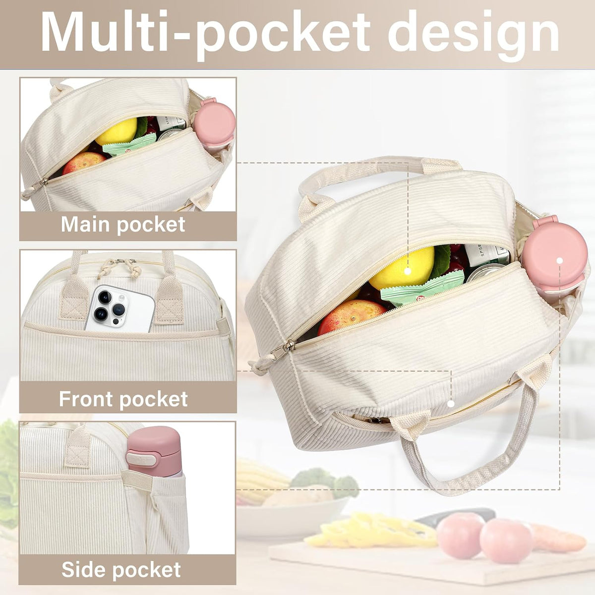 Lunch Box for Women, Insulated Lunch Bag Cute Corduroy Lunchbag