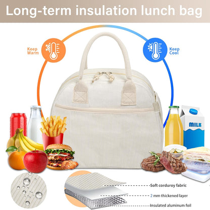 Lunch Box for Women, Insulated Lunch Bag Cute Corduroy Lunchbag