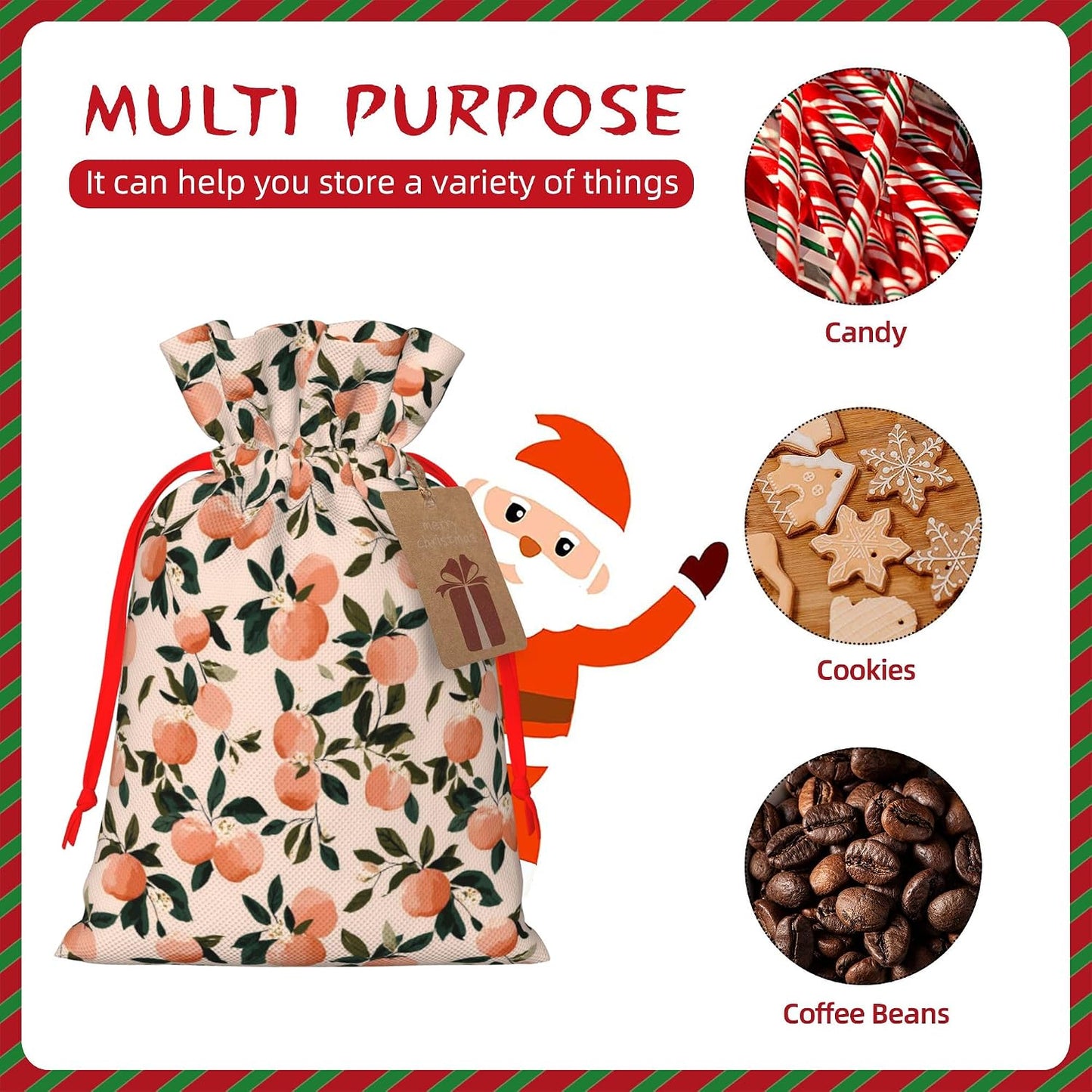 Qewfoju Fruits Peach 2 Pattern Holiday Gift Bags Christmas Burlap Gift Bags Drawstring for Wedding Party Favors Xmas Gifts Couple Shower Medium