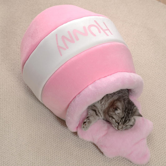 Honey Pot Cat Cave Bed, Soft and Thick Rebound Sponge Pet Nest with Removable & Washable Cushion, Cute Cartoon Design for Small Cats and Breeds - Pink