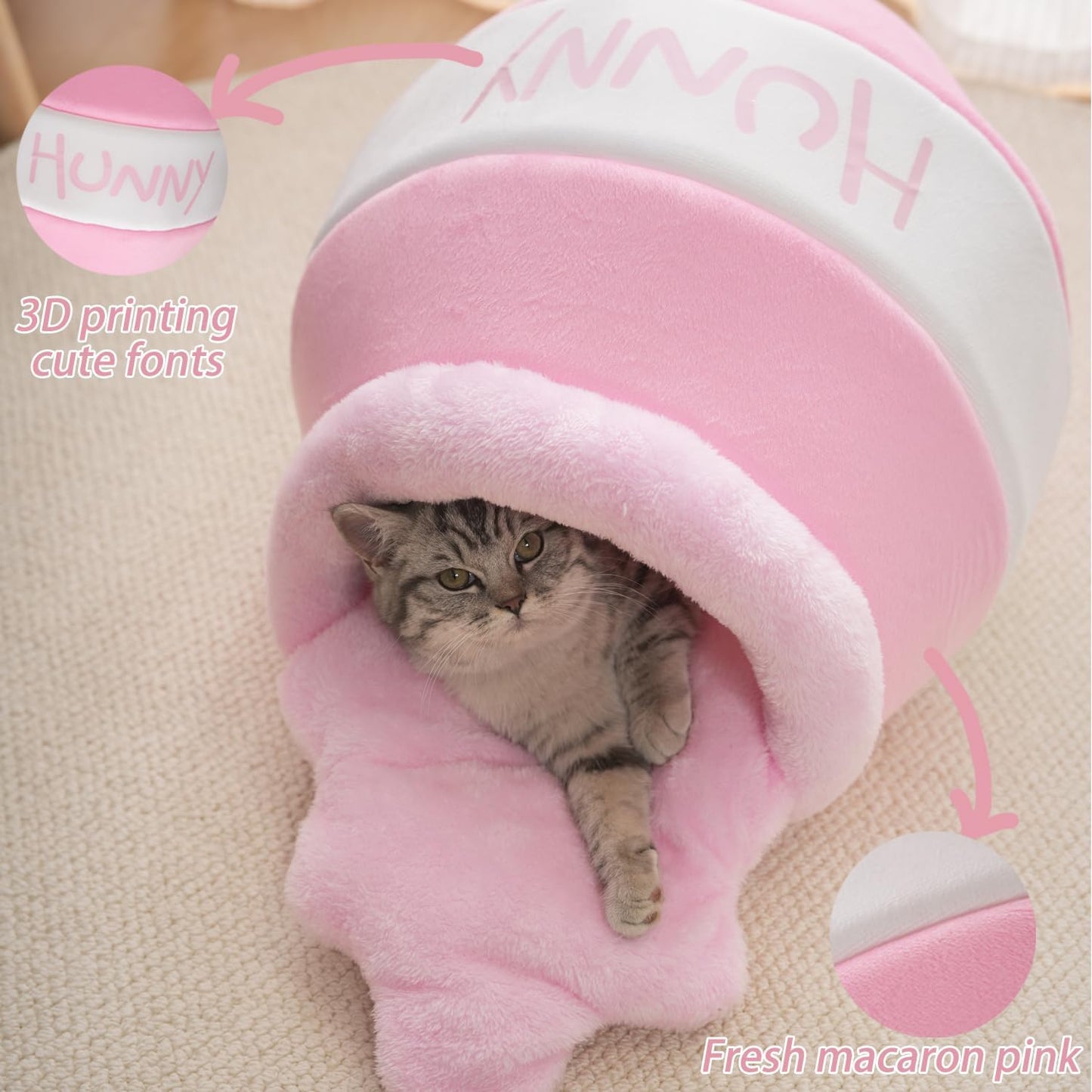 Honey Pot Cat Cave Bed, Soft and Thick Rebound Sponge Pet Nest with Removable & Washable Cushion, Cute Cartoon Design for Small Cats and Breeds - Pink