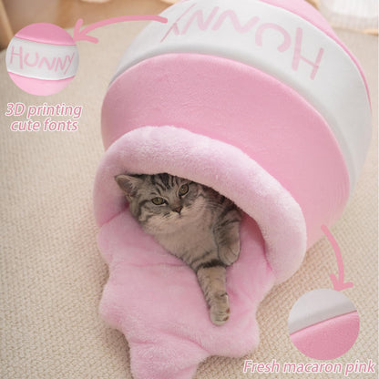 Honey Pot Cat Cave Bed, Soft and Thick Rebound Sponge Pet Nest with Removable & Washable Cushion, Cute Cartoon Design for Small Cats and Breeds - Pink