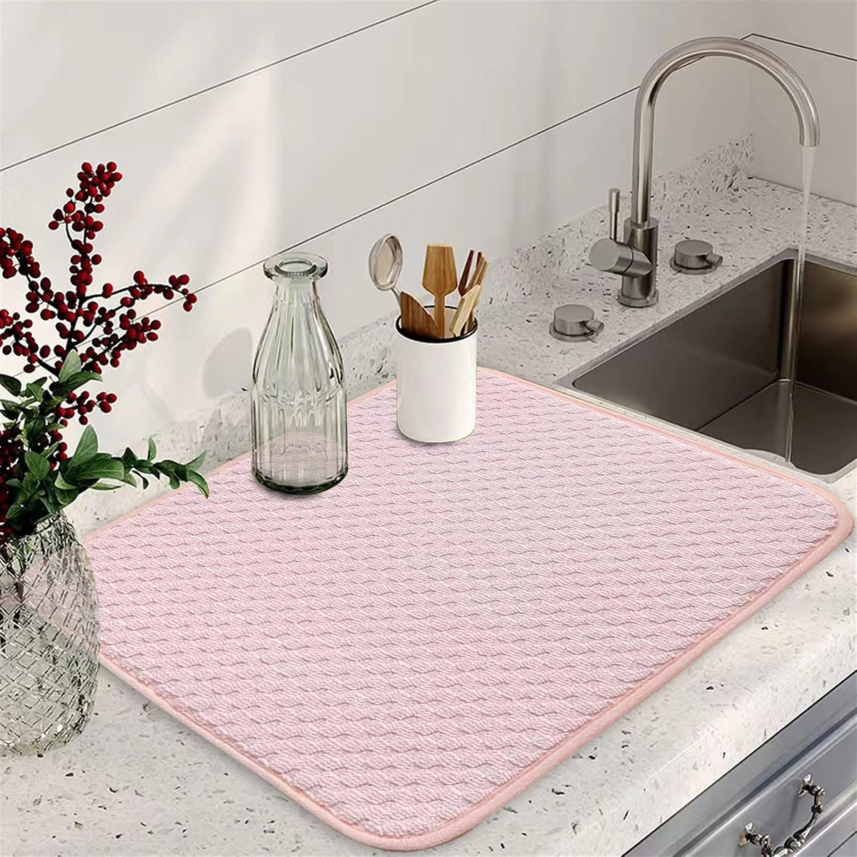 Pink Dish Drying Mats for Kitchen Counter,2 Pack Dish Drying Mat Drying Pad